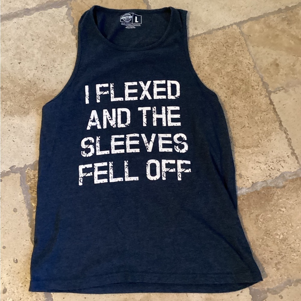Crazy Dog-Men's Blue Cotton Tank Top Size L "I Flexed And The Sleeves Fell Off"